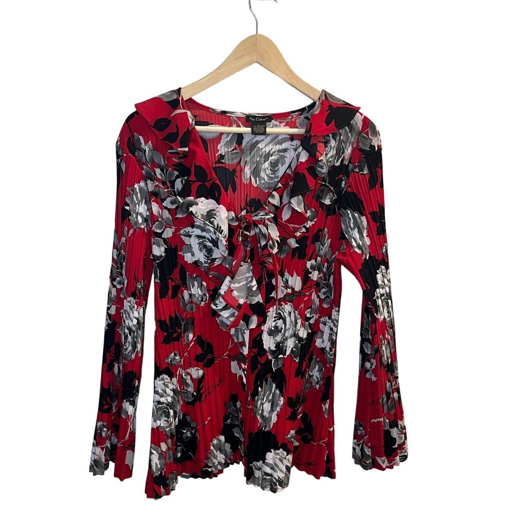 Nue Option Y2K Ruffle Front Bell Sleeve Pleated  Blouse Size‎ L Poet Dark Floral